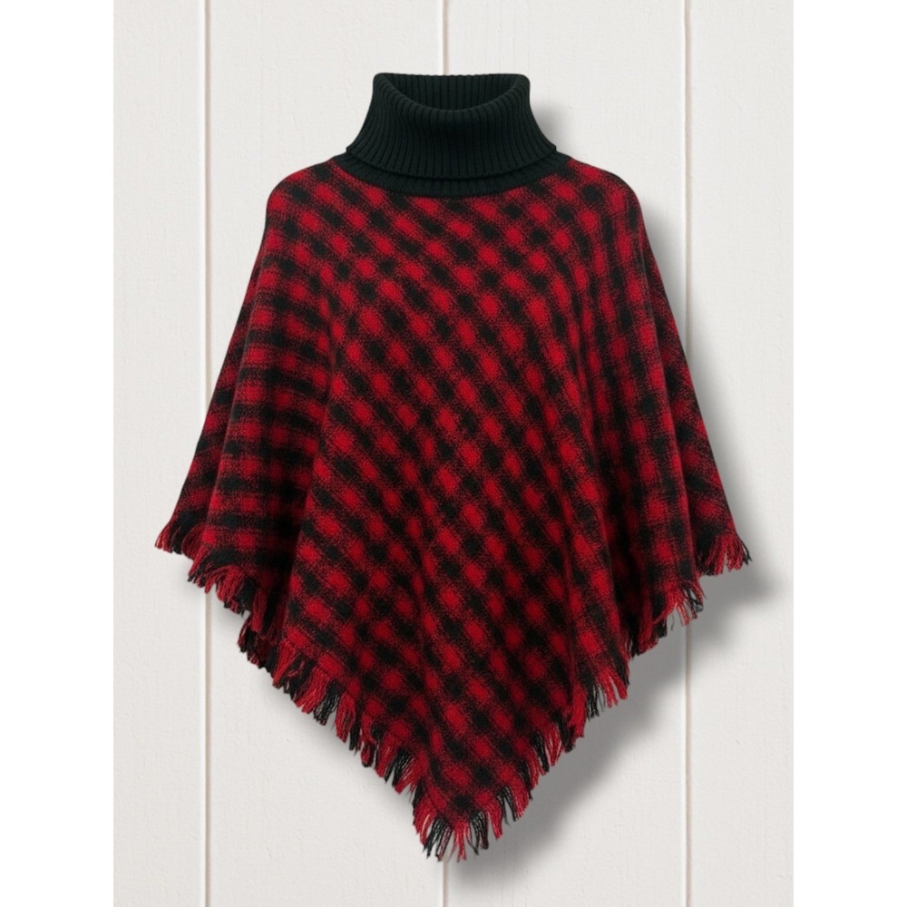 Talbots Red Black Buffalo Plaid Turtleneck Poncho Fringe Sweater Small
